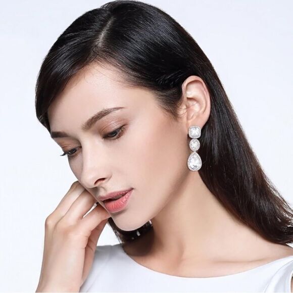 Silver with White Diamond Austrian Crystal Dangling Chandelier Post Earrings - Picture 3 of 4